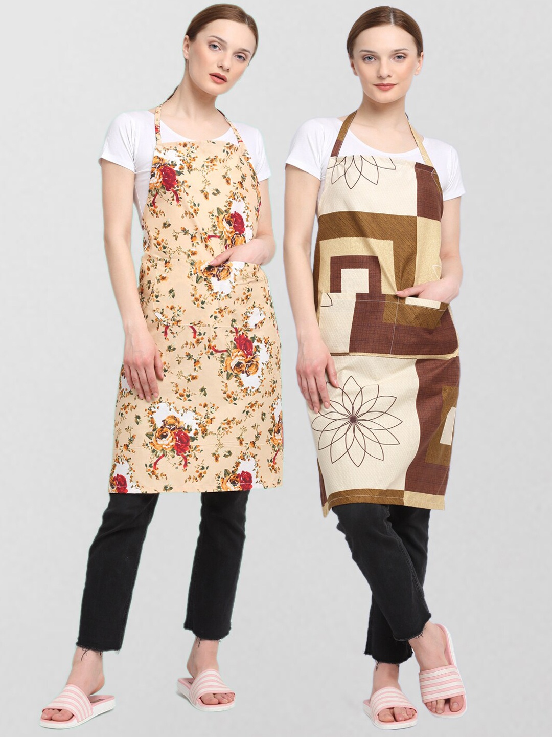 KLOTTHE Unisex Pack Of 2 Printed 210 TC Cotton Aprons, Beige