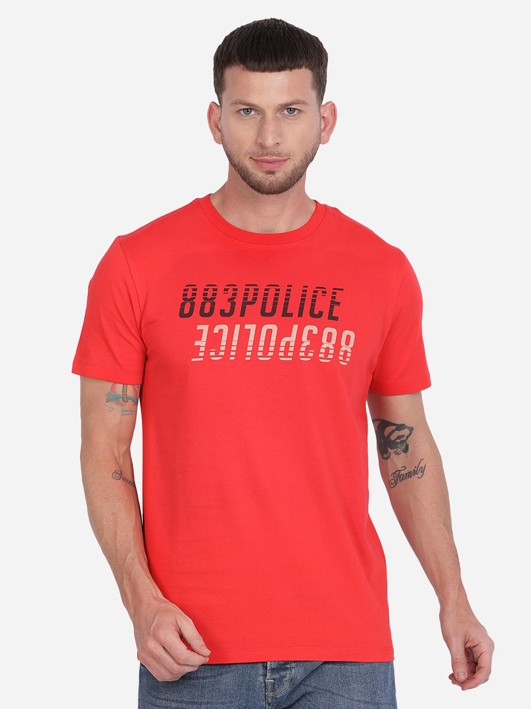 

883 Police Men Red Typography Printed T-shirt