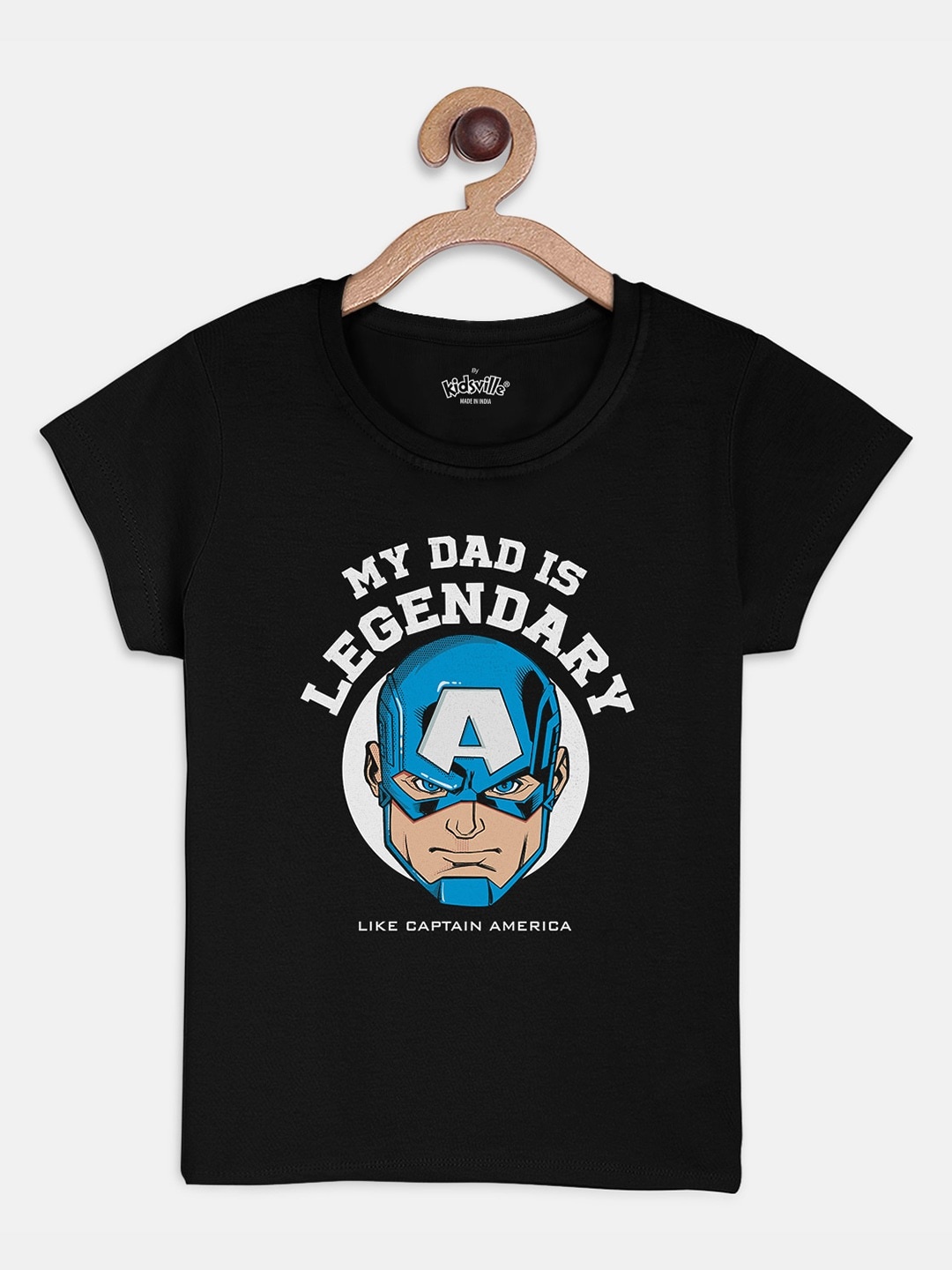 Kids Ville Girls Black Captain America Printed Cotton Pure Cotton T-shirt