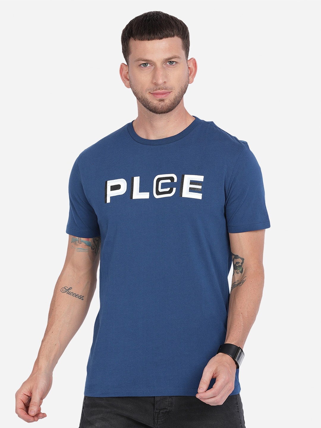 

883 Police Men Navy Blue & White Typography Cotton T-shirt