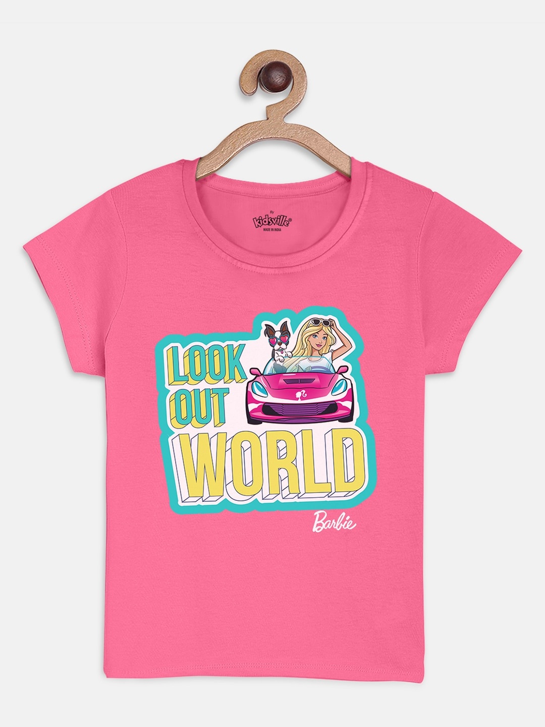 

Kids Ville Girls Pink Barbie Printed Cotton Pure Cotton T-shirt