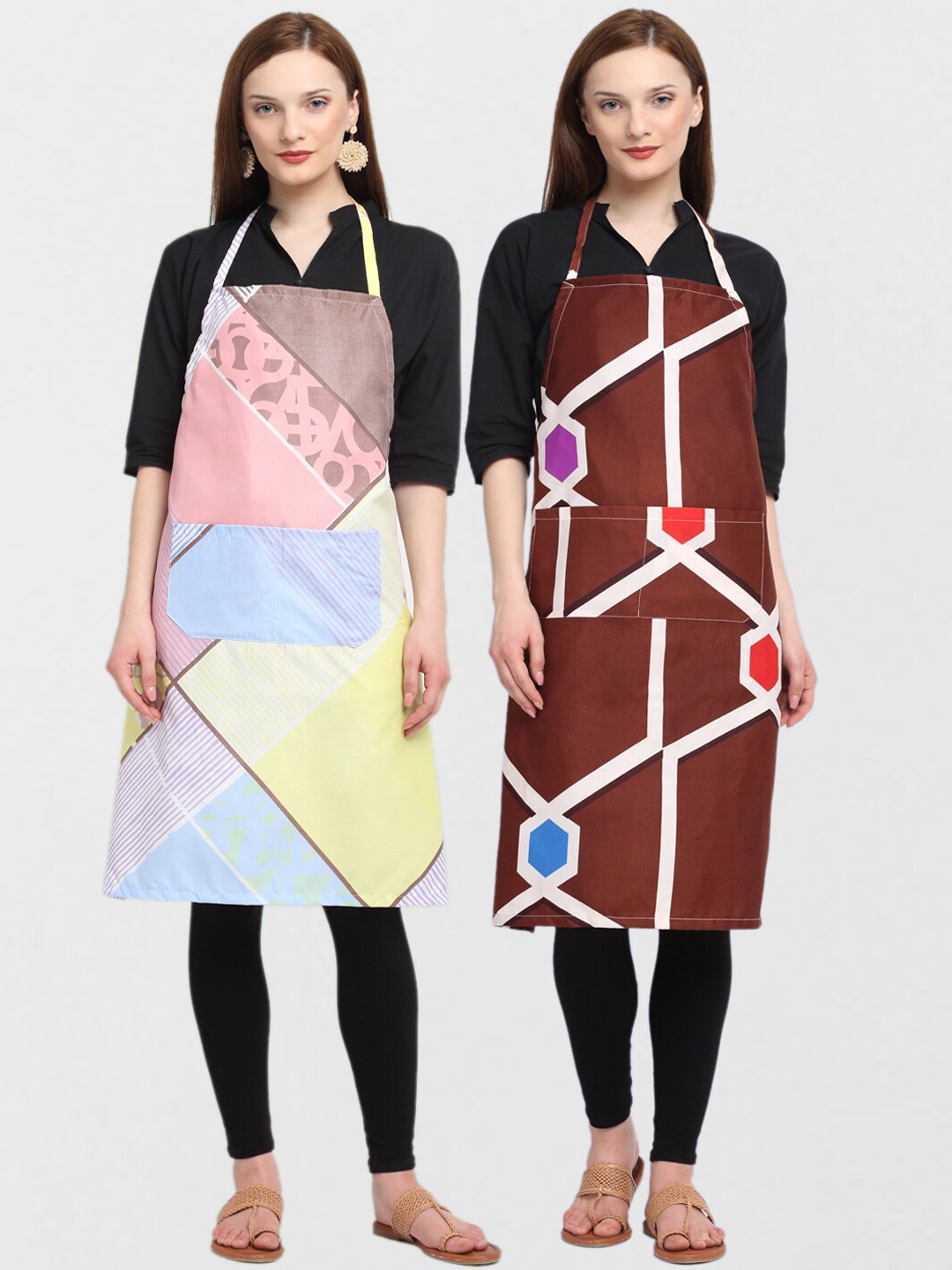 KLOTTHE Unisex Pack Of 2 Printed 210 TC Cotton Aprons, Brown