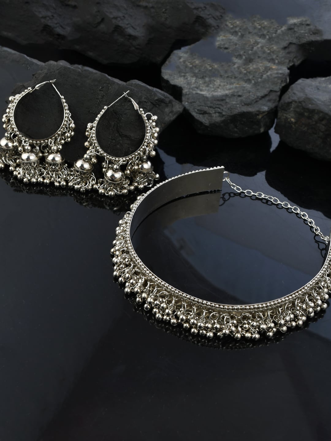 

Silvermerc Designs Oxidised Silver Plated Ghungroo Choker Jewellery Set
