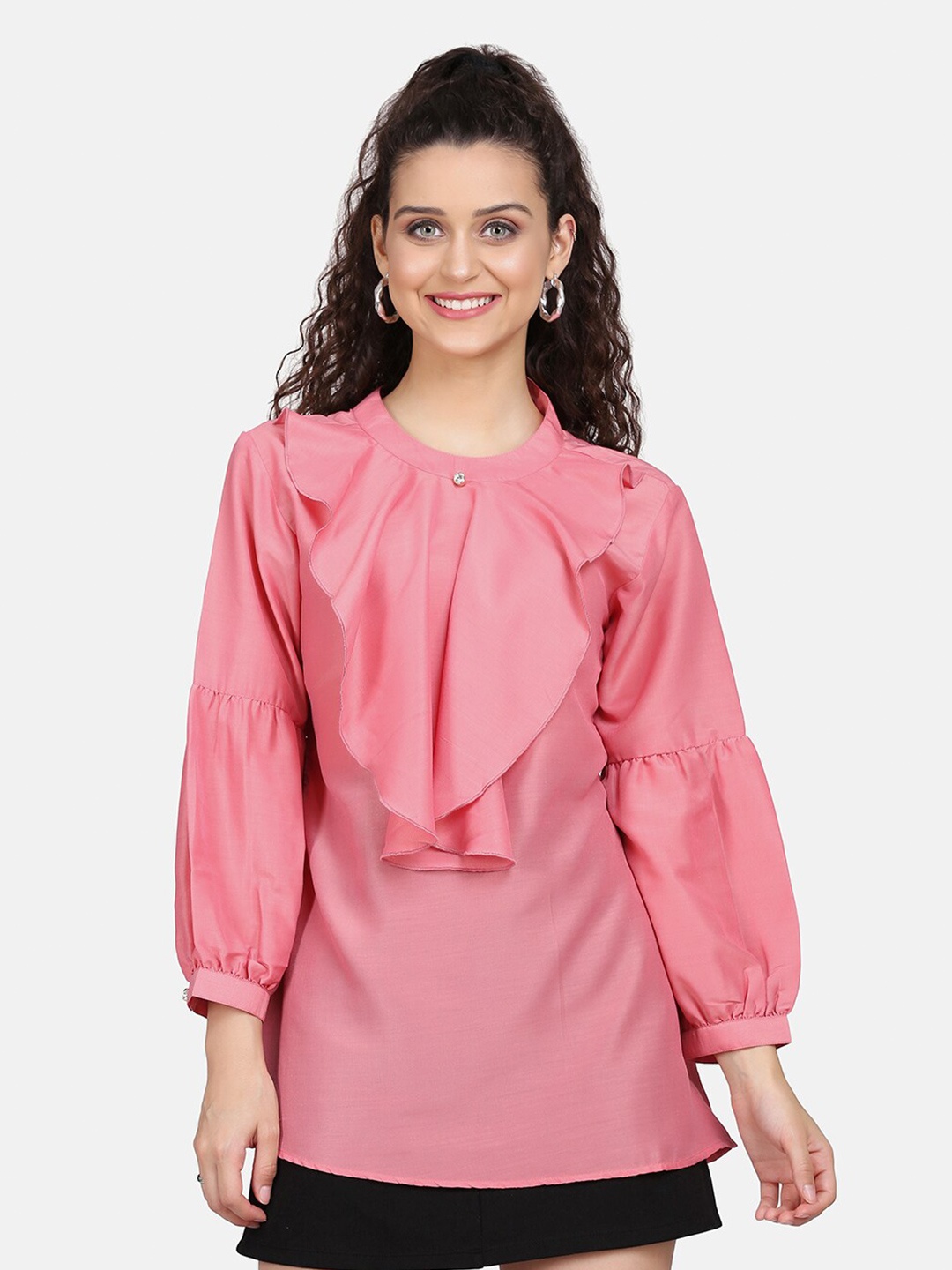 

Sugathari Pink Ruffles Satin Regular Top
