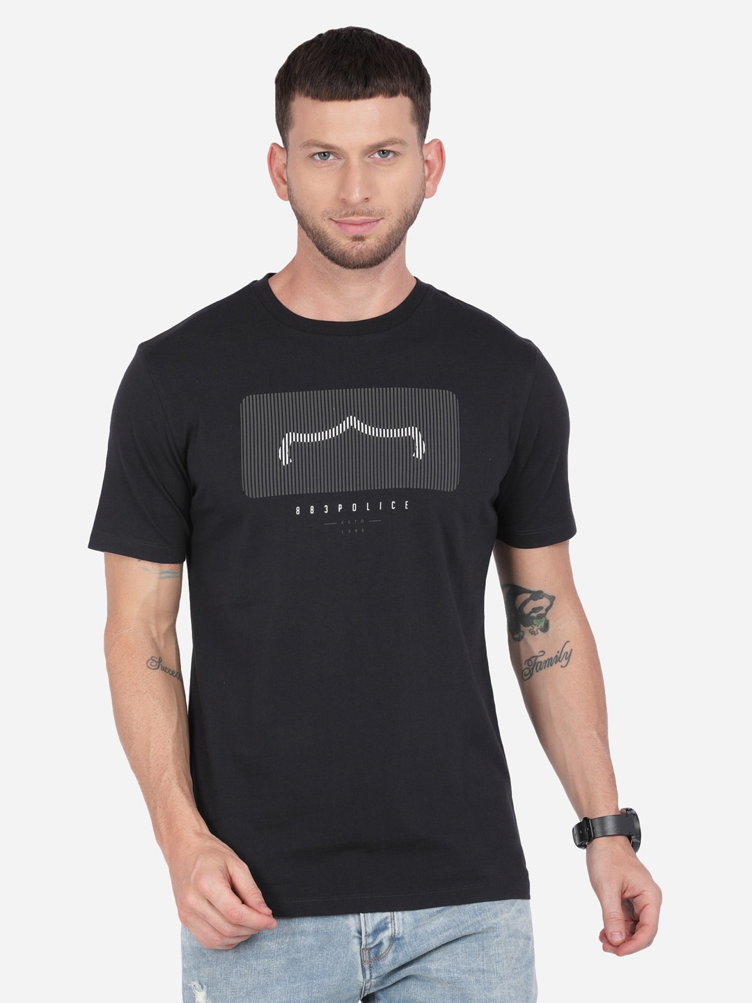 

883 Police Men Black Typography Printed Applique T-shirt