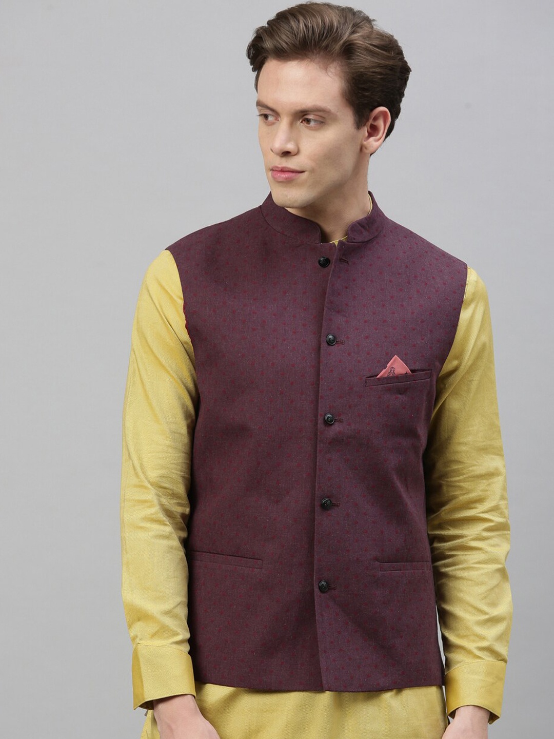 

RARE RABBIT Men Maroon Printed Pure Cotton Corduroy Nehru Jacket