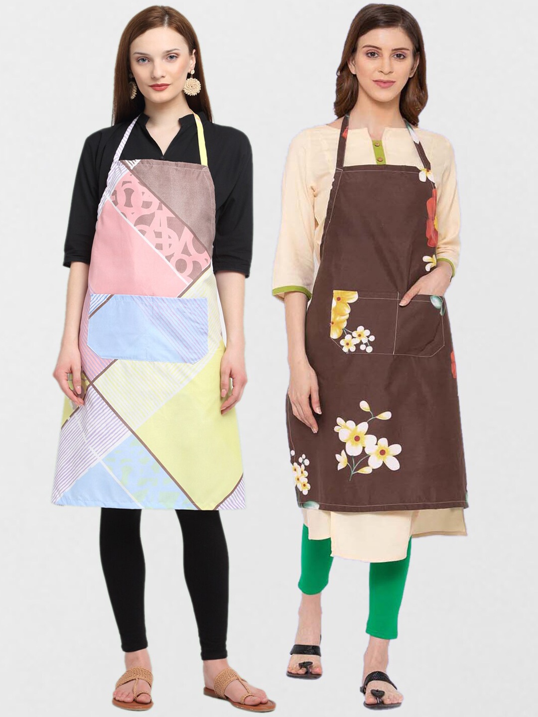 KLOTTHE Unisex Pack Of 2 Printed 210 TC Cotton Aprons, Brown