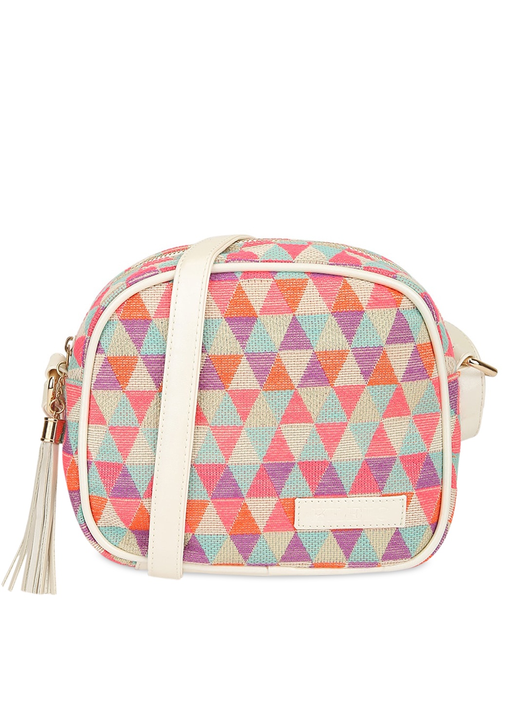 

KLEIO Women Geometric Printed Half Moon Sling Bag With Tasselled Detail, White