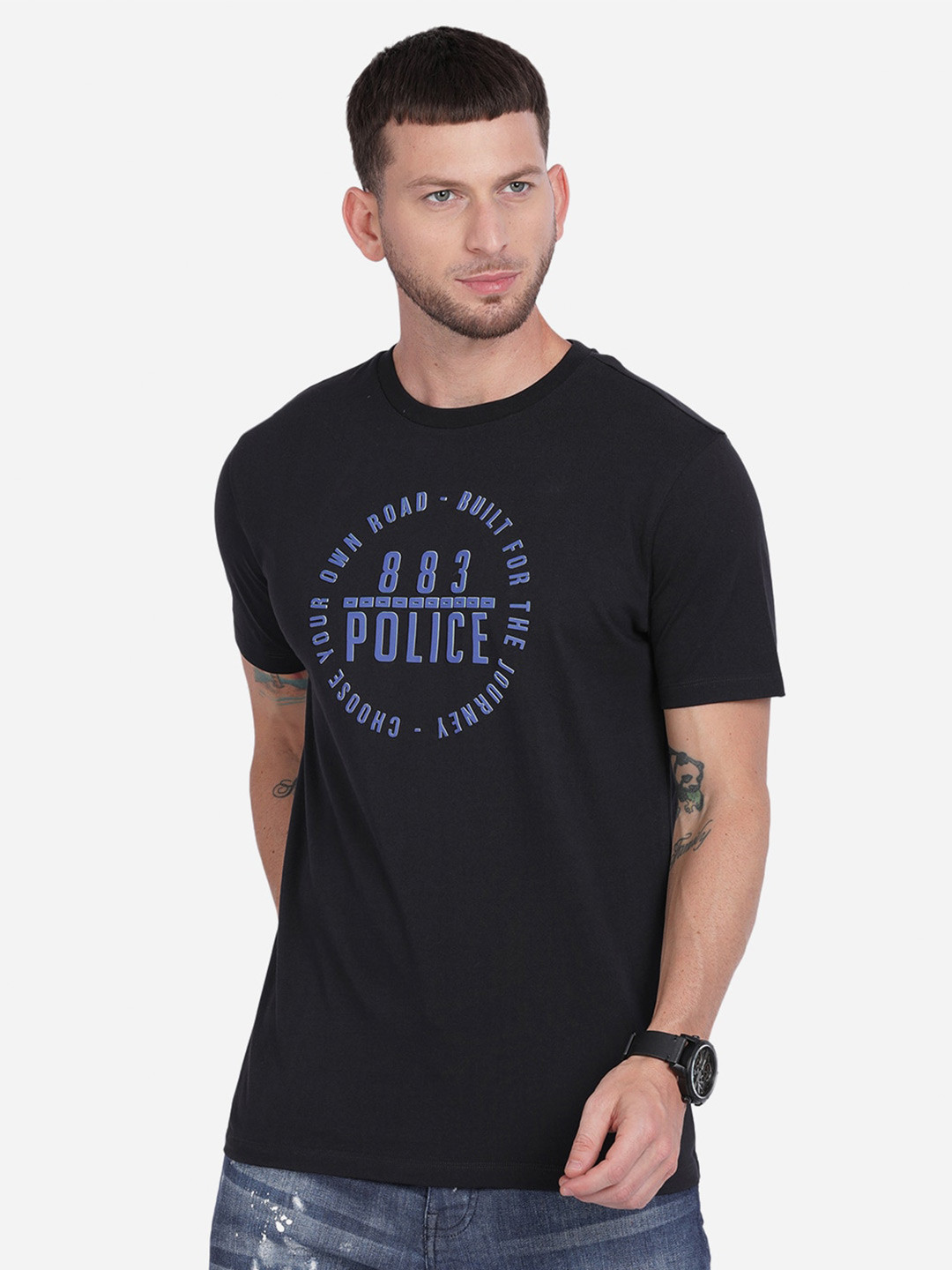 

883 Police Men Black Typography Printed Applique T-shirt