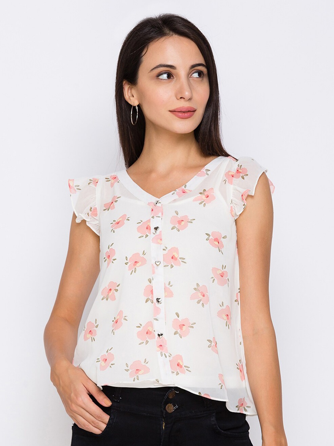 

Globus Off White & Peach-Coloured Floral Flutter Sleeve A-Line Top