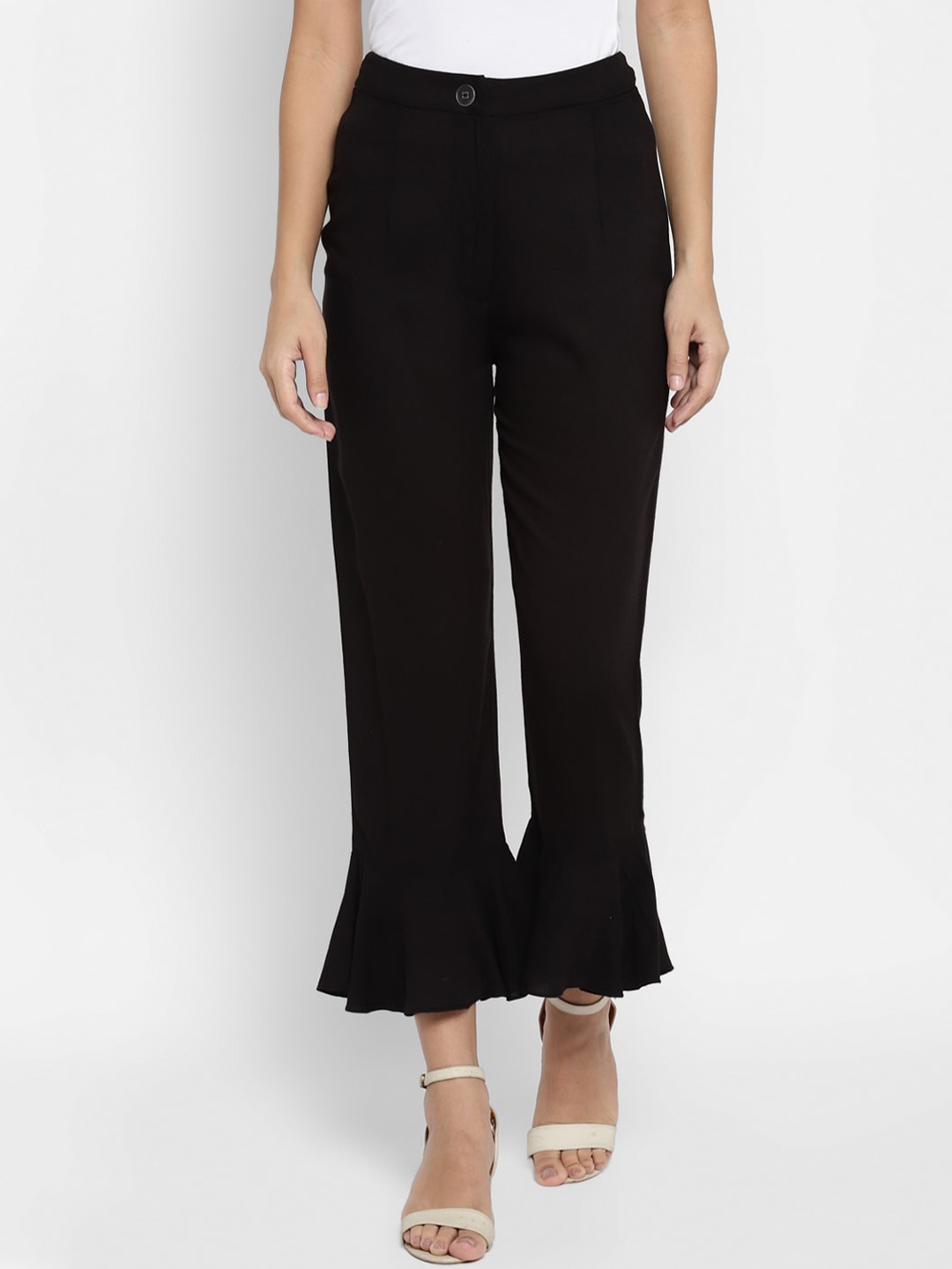 

DEEBACO Women Black Ruffle Hem Parallel Trousers