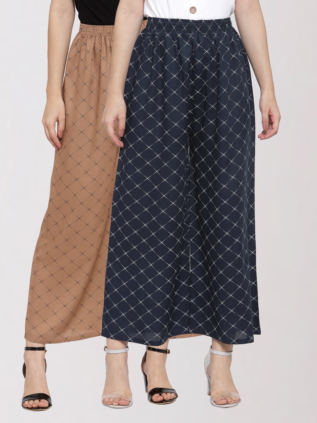 

KLOTTHE Women Pack of 2 Printed Wide Leg Palazzos, Brown