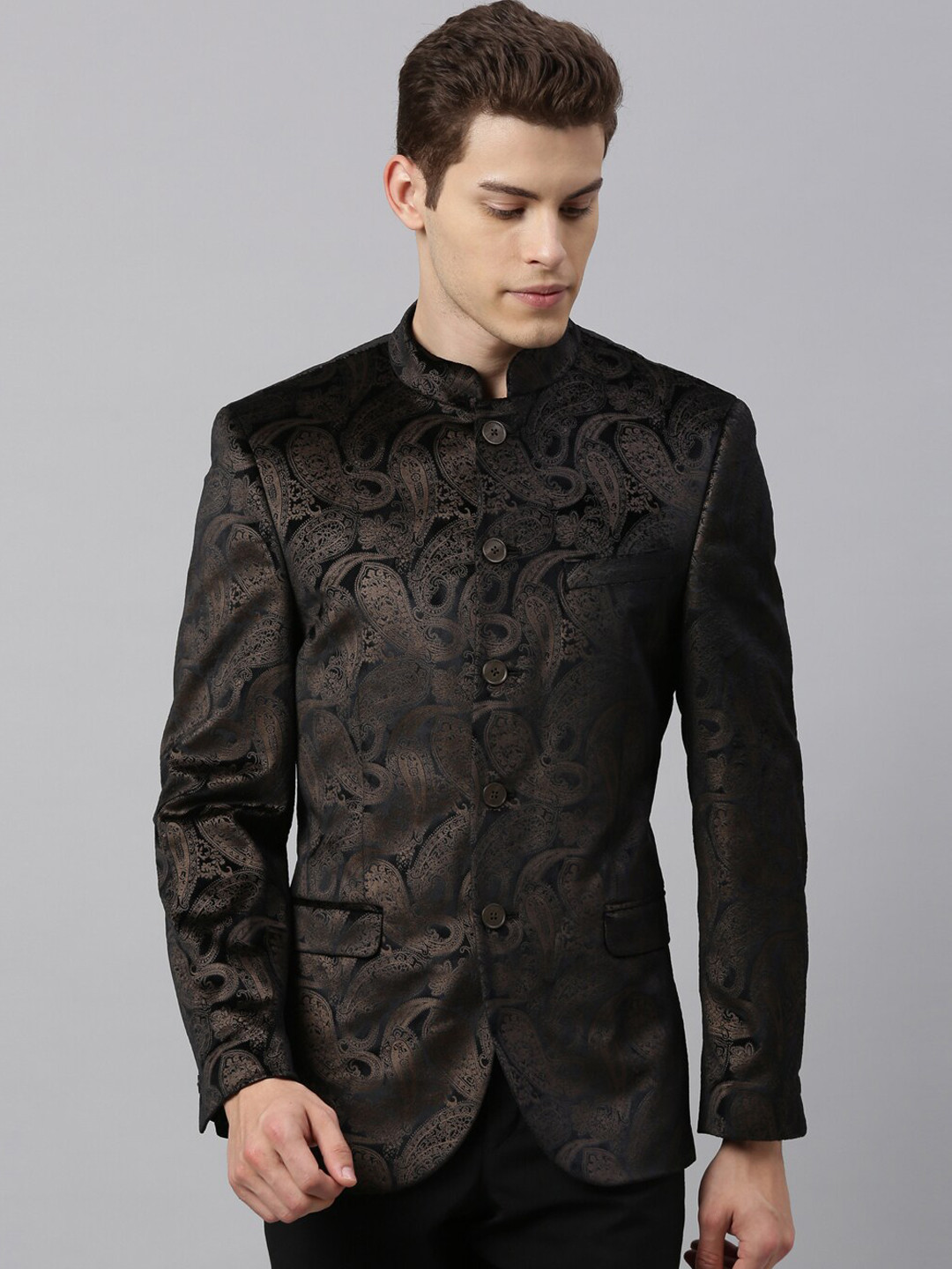 

RARE RABBIT Men Velour-2 Slim Fit Printed Woven Nehru Jacket, Black