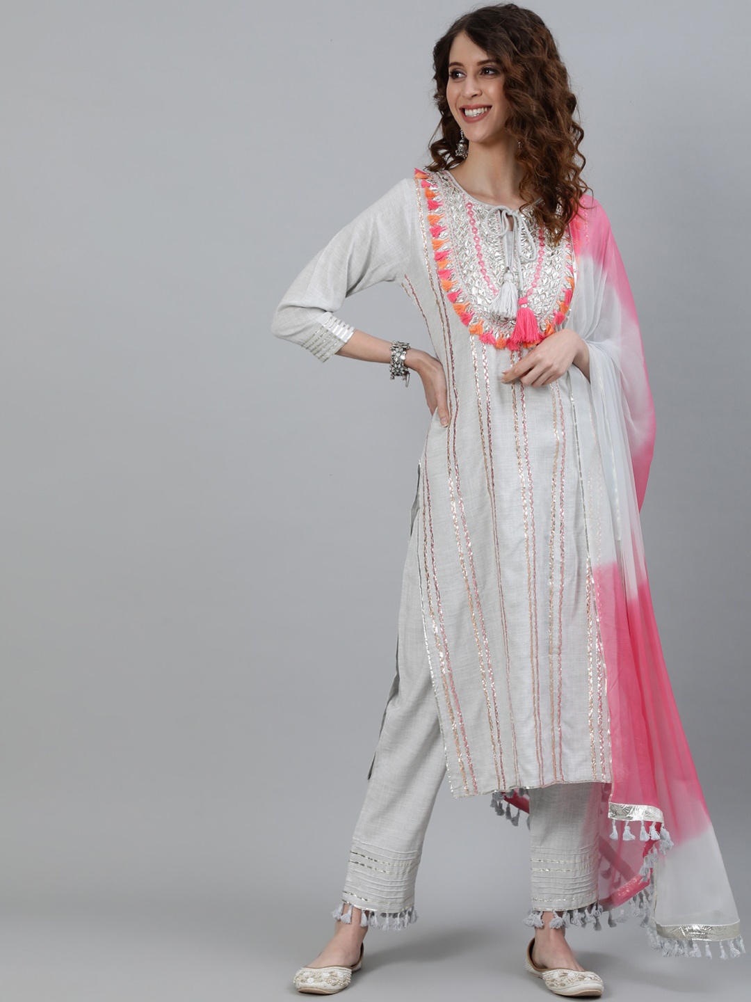 

Ishin Women Grey Floral Embroidered Pleated Kurti with Trousers & With Dupatta