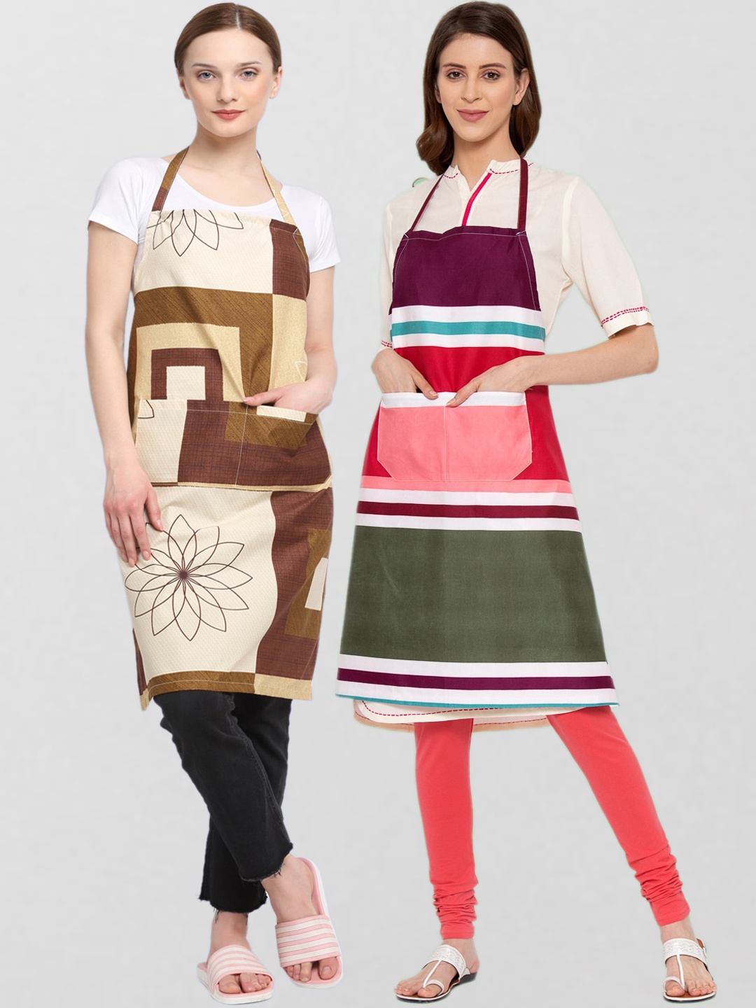 KLOTTHE Unisex Pack Of 2 Printed 210 TC Cotton Aprons, Beige