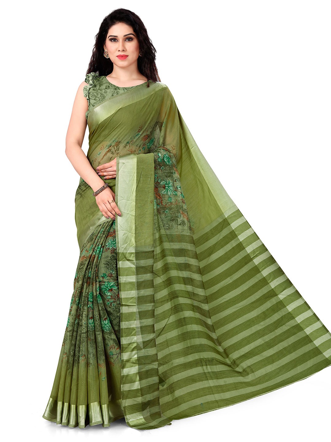 

KALINI Green & Brown Floral Zari Bagh Saree