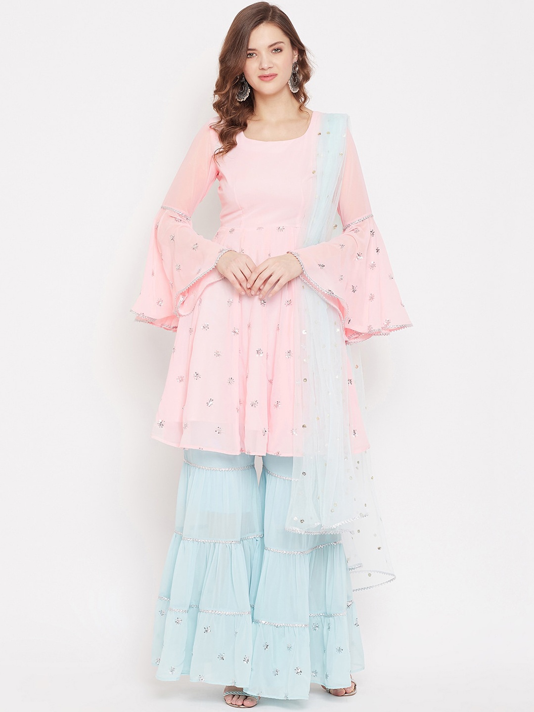 

PANIT Women Pink Embroidered Kurta with Sharara & With Dupatta