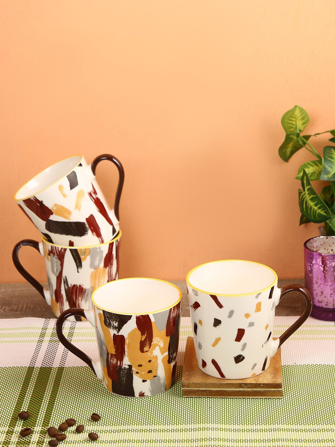 

House Of Accessories Set Of 4 White & Brown Printed Ceramic Glossy Mugs