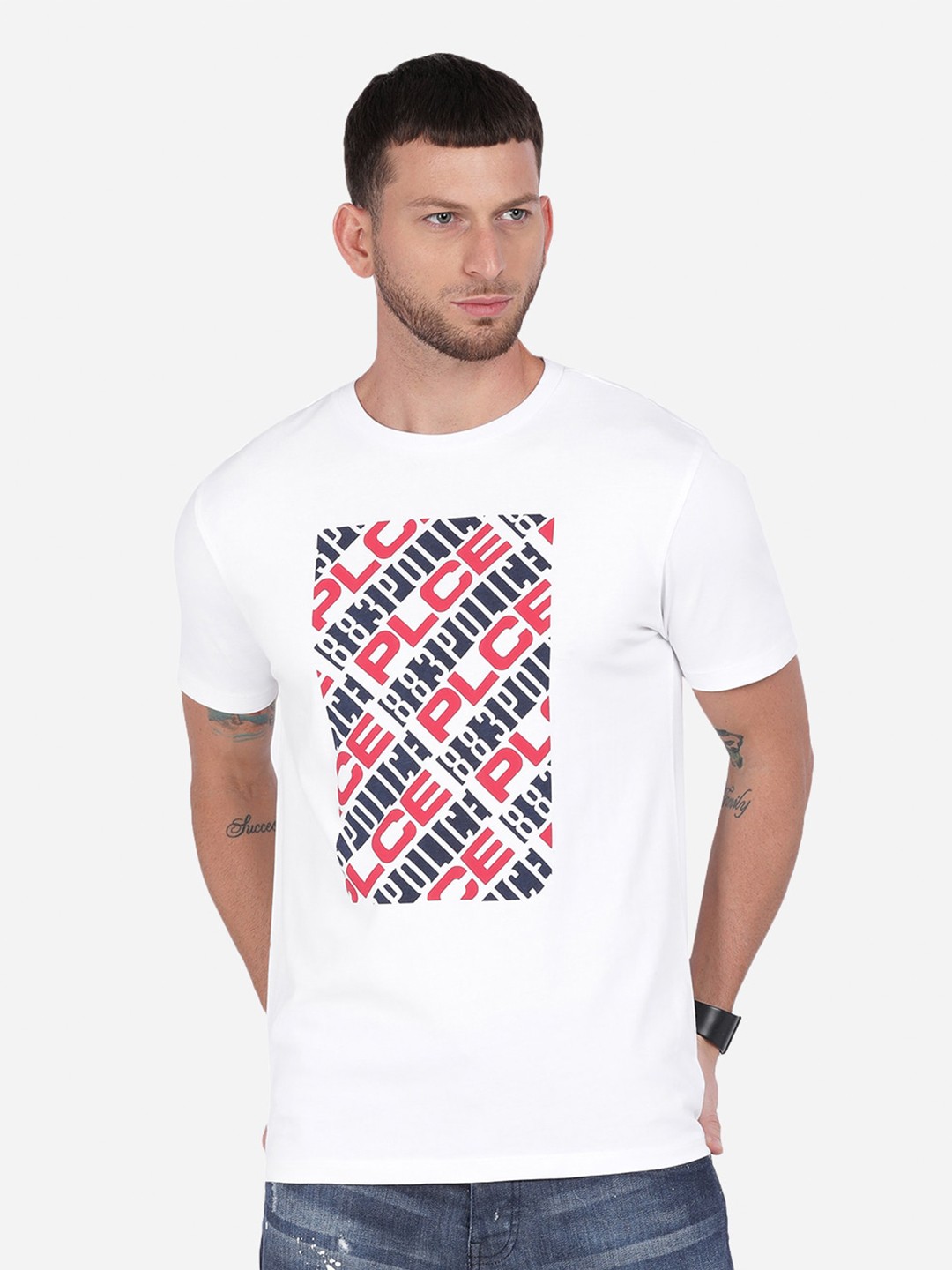 

883 Police Men White & Red Typography Printed T-shirt