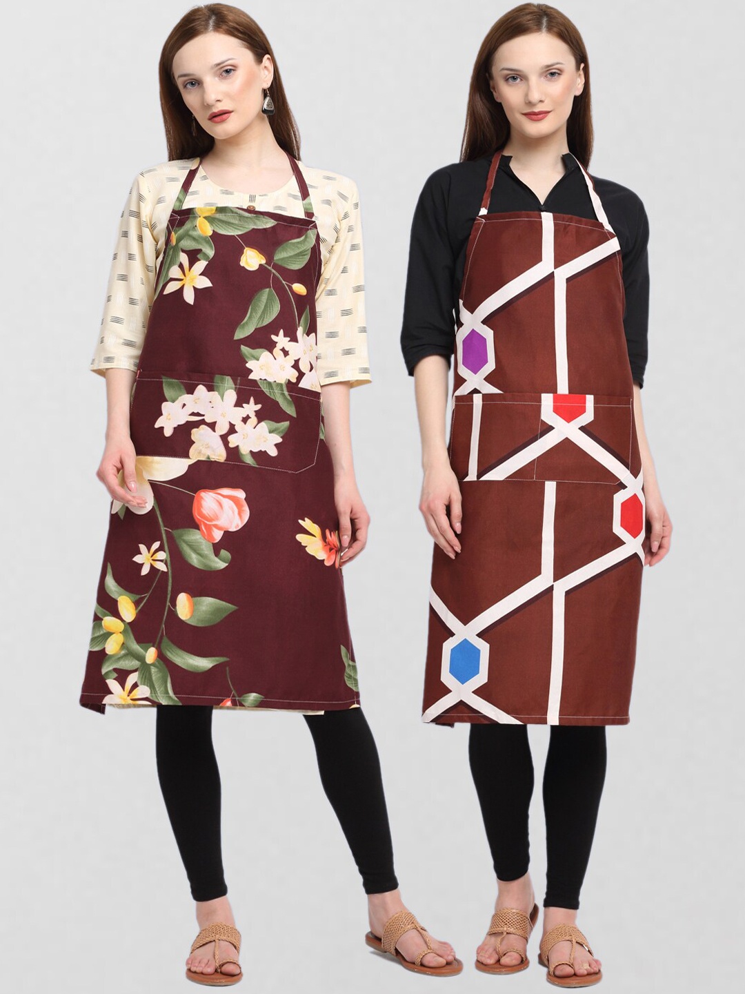 

KLOTTHE Pack Of 2 Printed 210TC Cotton Aprons, Brown