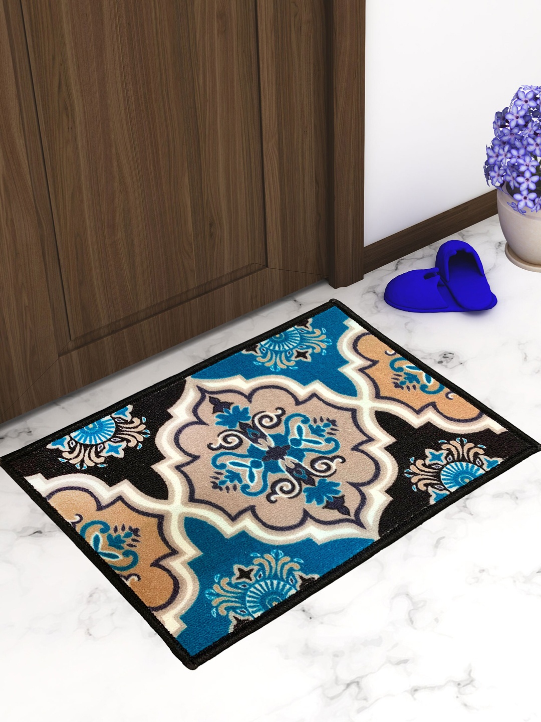 

Athom Trendz Set Of 3 Beige & Blue Printed Premium Anti-Skid Doormats