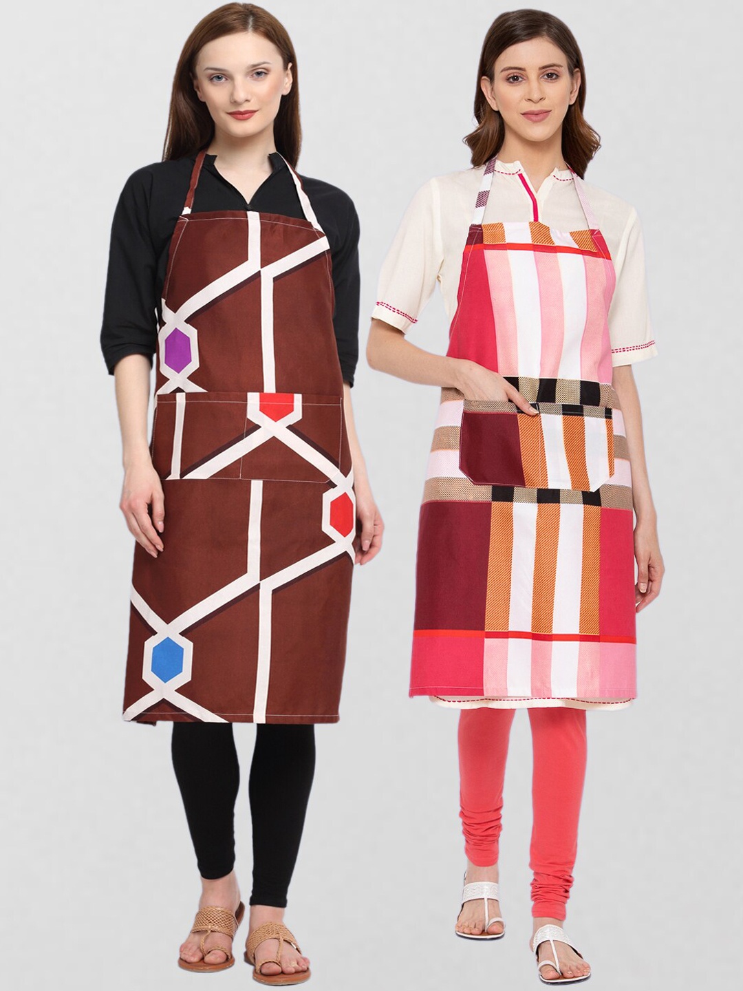 KLOTTHE Unisex Pack Of 2 Printed 210TC Cotton Aprons, Brown
