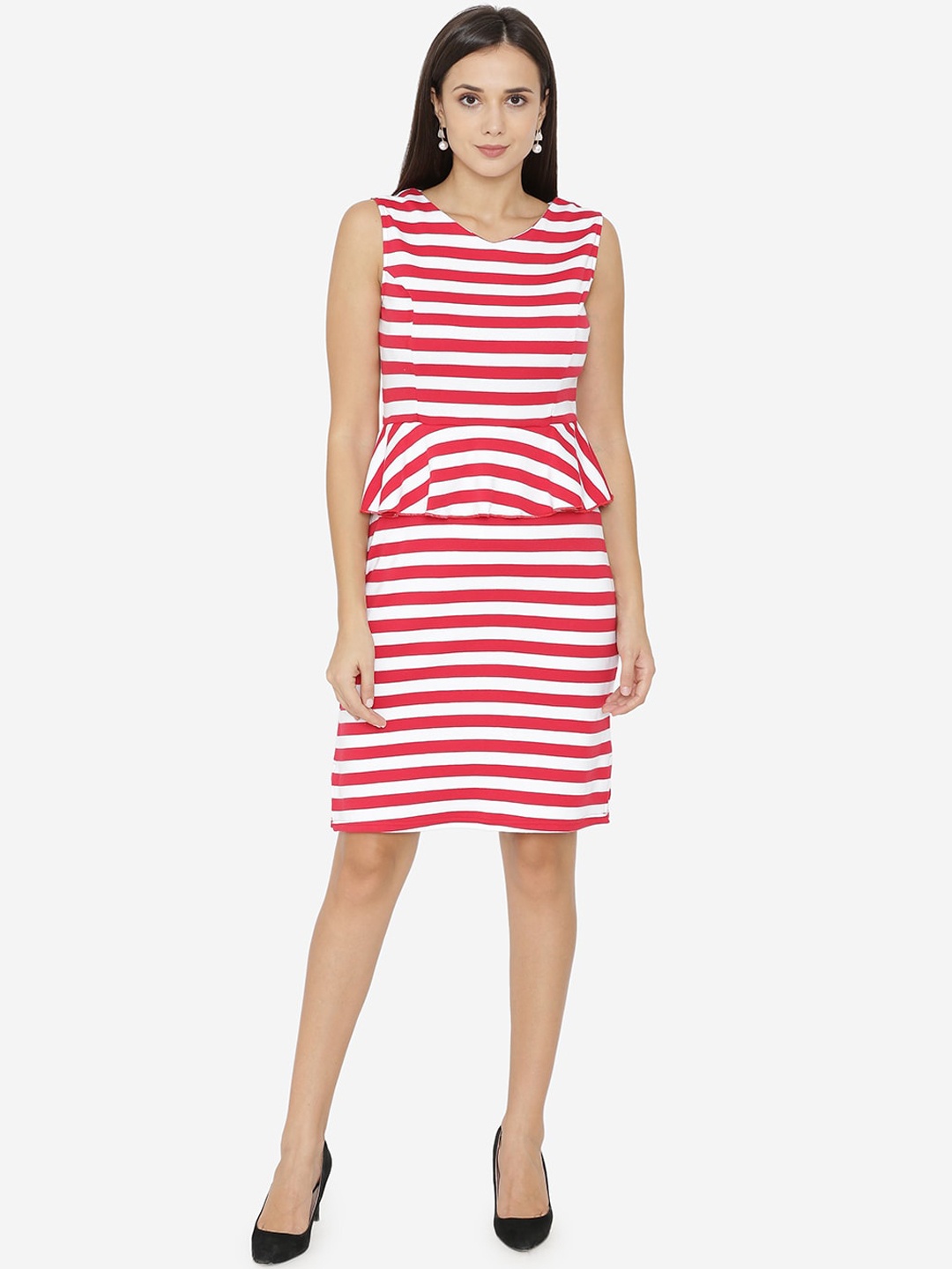 

Yaadleen Red & White Striped Georgette Sheath Dress