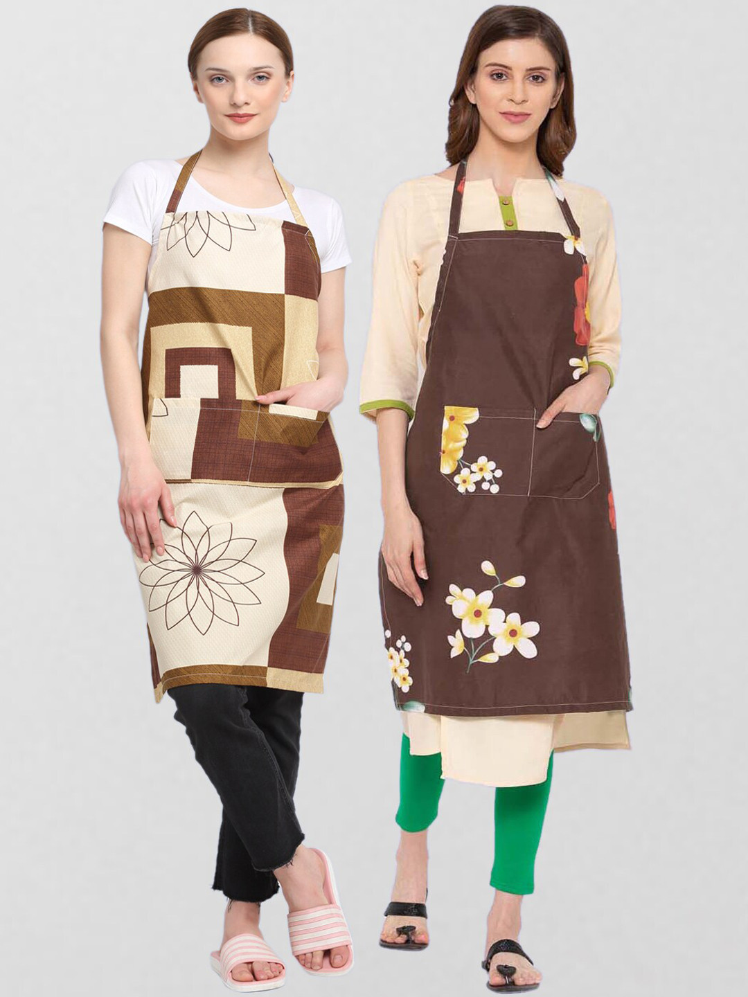 

KLOTTHE Unisex Pack Of 2 Printed Cotton 210 TC Aprons, Brown