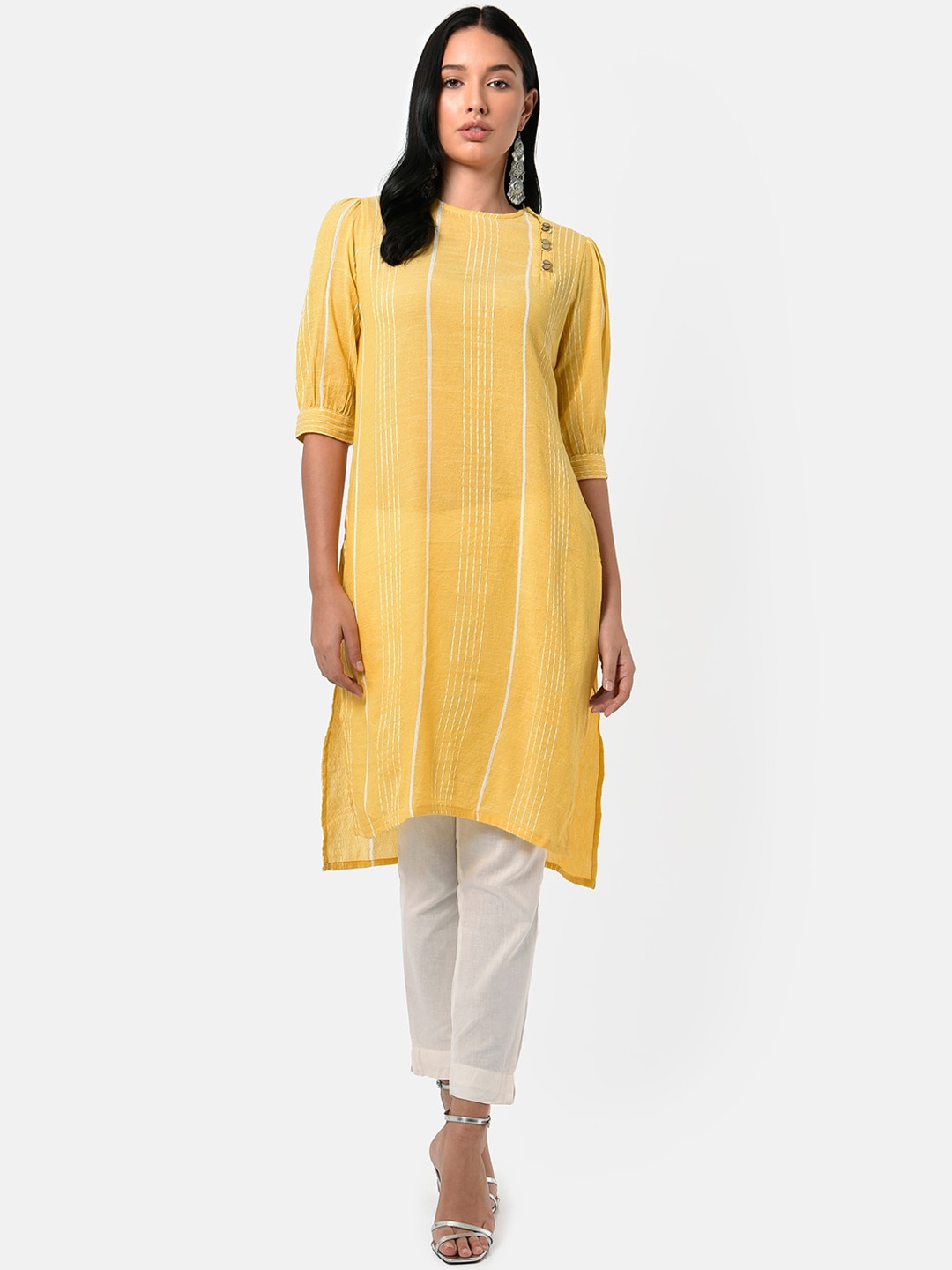 

Saaki Women Yellow & White Striped Keyhole Neck Kantha Work Kurta