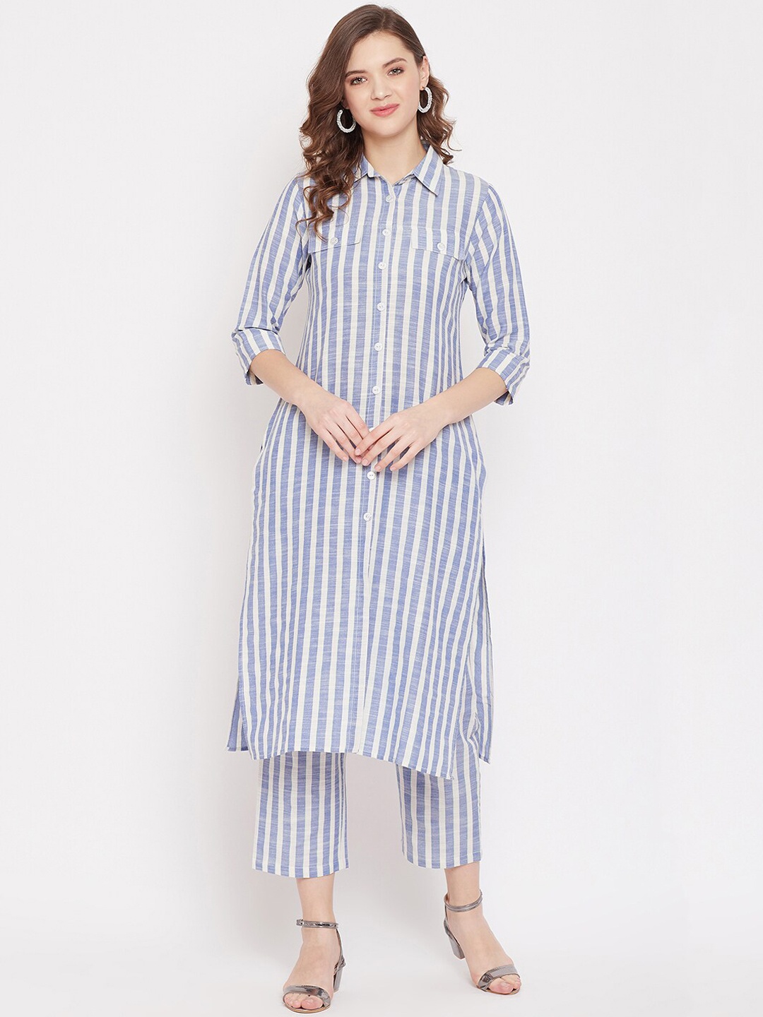 PANIT Women White Striped Linen Kurta with Trousers