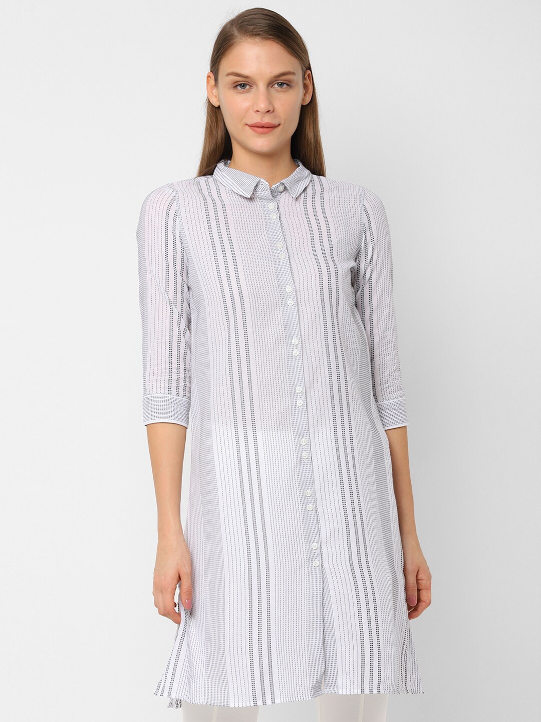 

Allen Solly Woman Grey & White Shirt Collar Striped Tunic