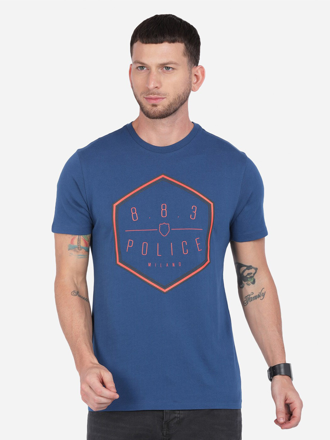 

883 Police Men Navy Blue & Orange Typography Printed T-shirt