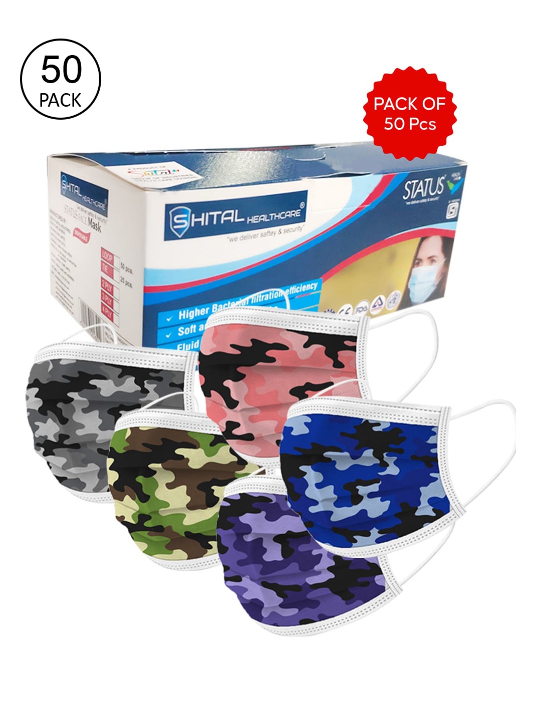 

Status Adults Pack of 50 Camouflage 3-Ply Disposable Surgical Masks, Multi