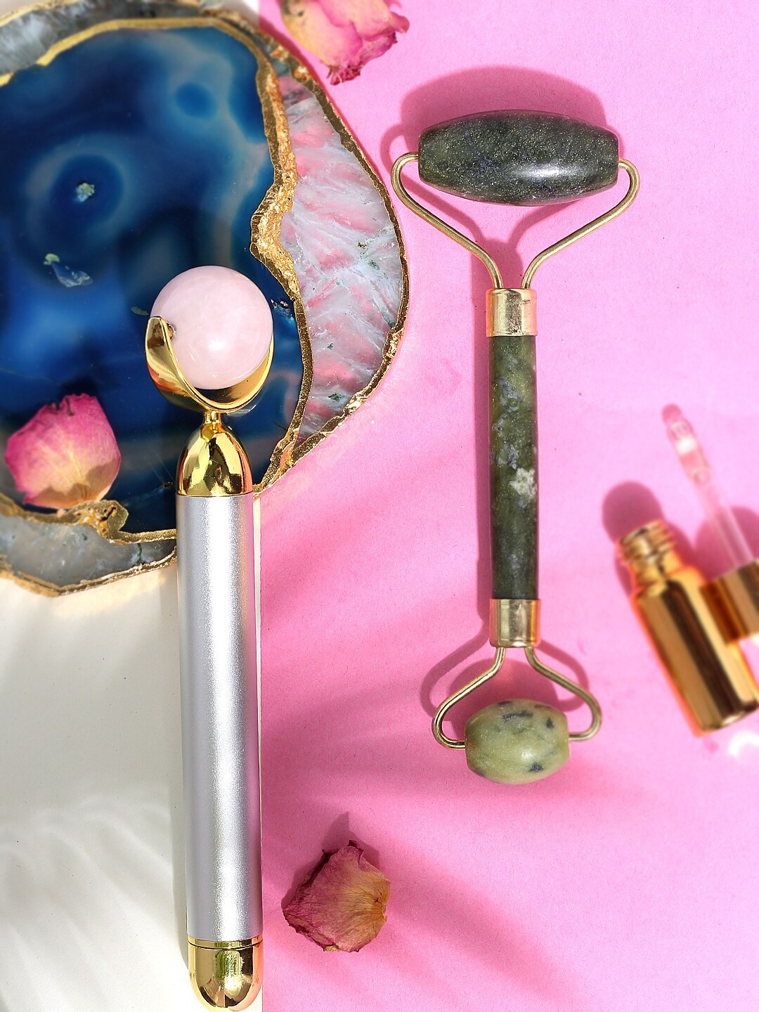 SKINDUZED Set of Quartz Vibrating & Textured Jade Face Rollers, Pink