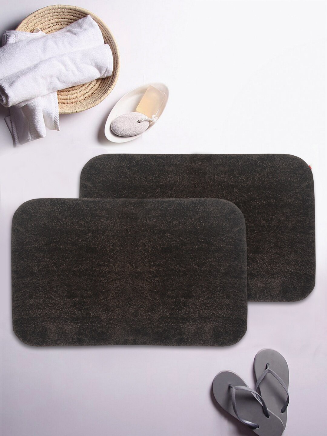 BIANCA Set Of 2 Brown Solid Anti-Slip Bath Rugs