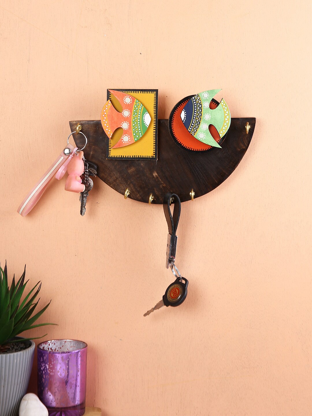 

Aapno Rajasthan Brown & Yellow Handcrafted Wooden Key Holder