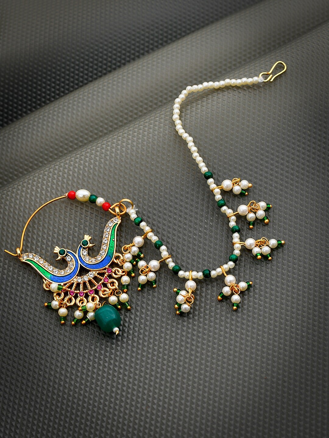 

Silvermerc Designs Gold-Plated White & Green Pearl Beaded Meenakari Chained Nosering