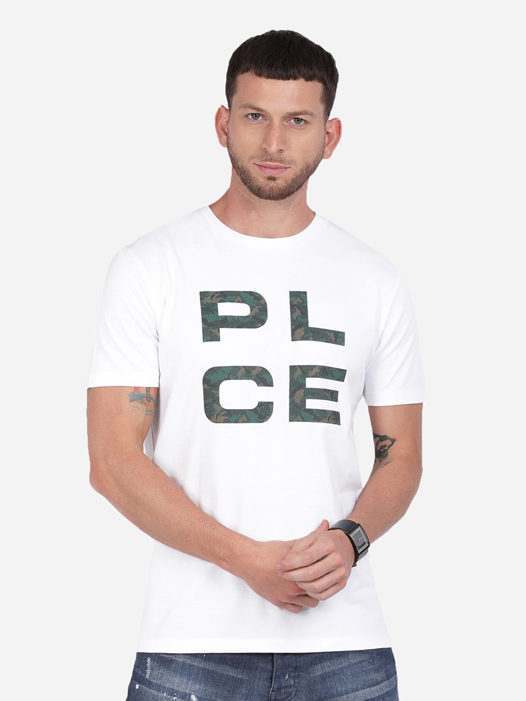 

883 Police Men White Typography Printed Applique T-shirt