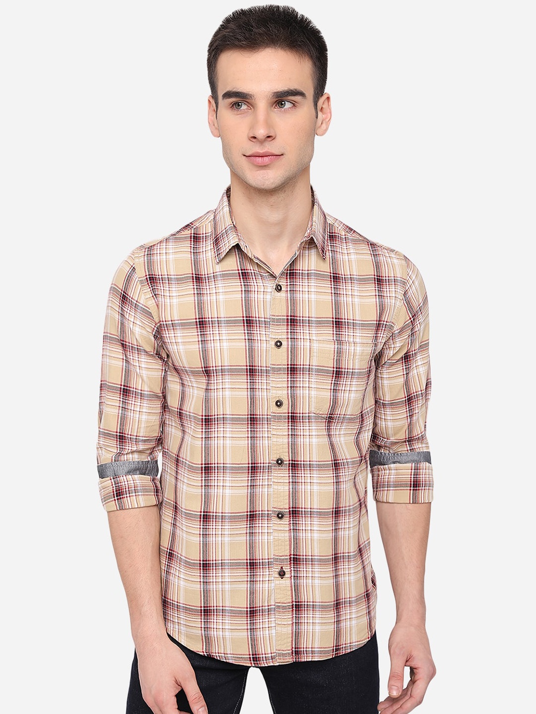 Greenfibre Men Beige Slim Fit Tartan Checks Cotton Casual Shirt