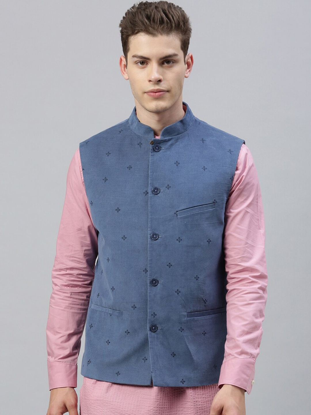 

RARE RABBIT Men Blue Woven-Design Cotton Nehru Jacket