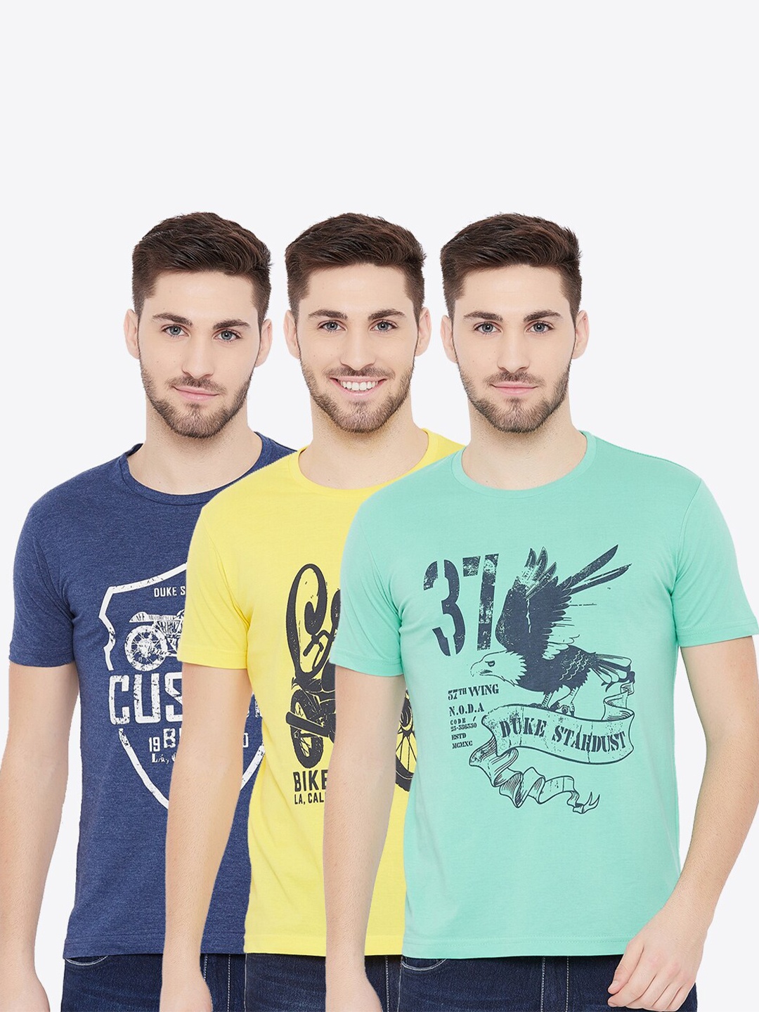 

Duke Men Pack Of 3 Yellow & Navy Blue Typography 3 Printed Slim Fit T-shirt
