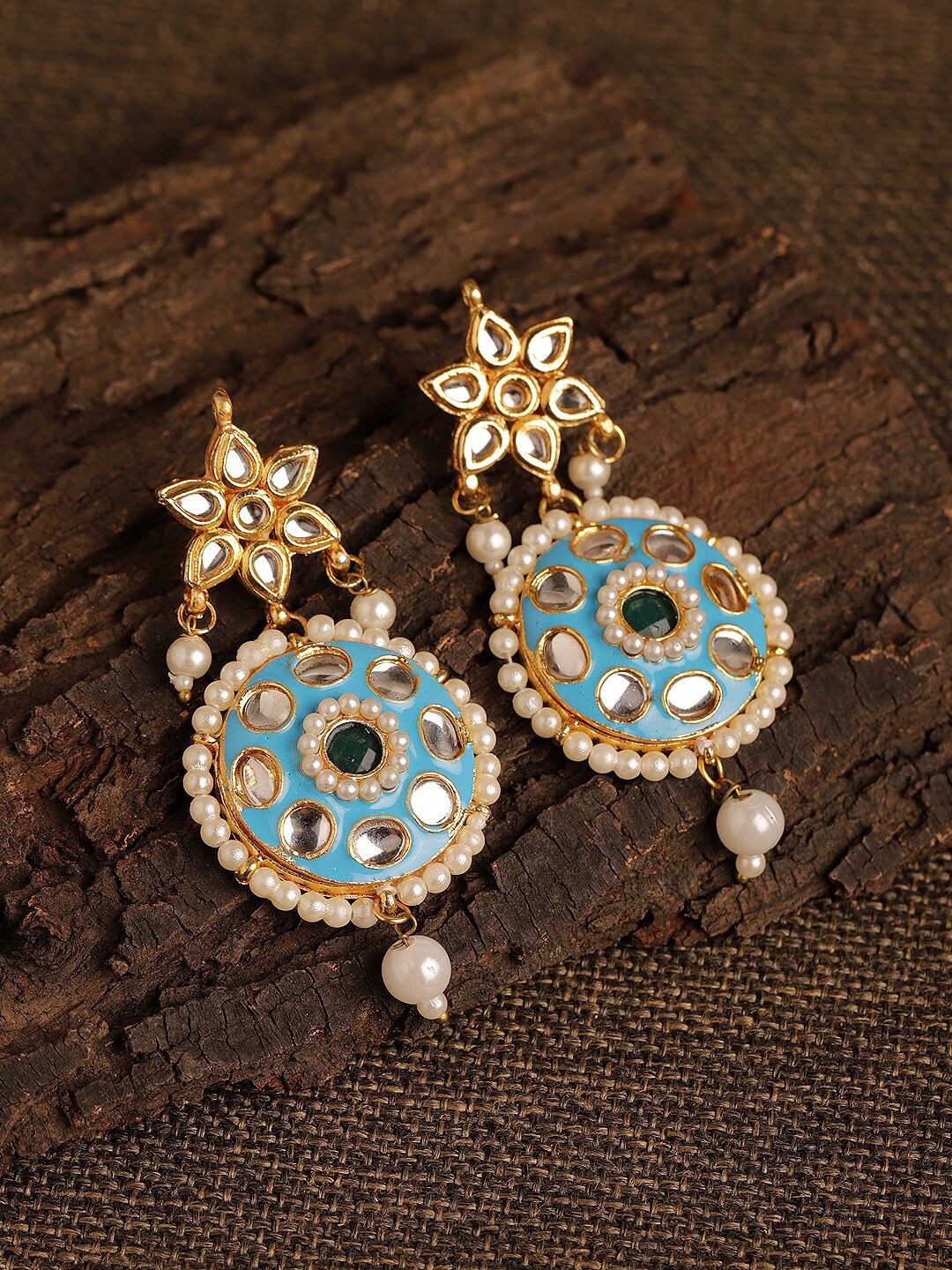 

Fabstreet Women Gold-Toned & Turquoise Kundan Embellished Blue Contemporary Drop Earrings