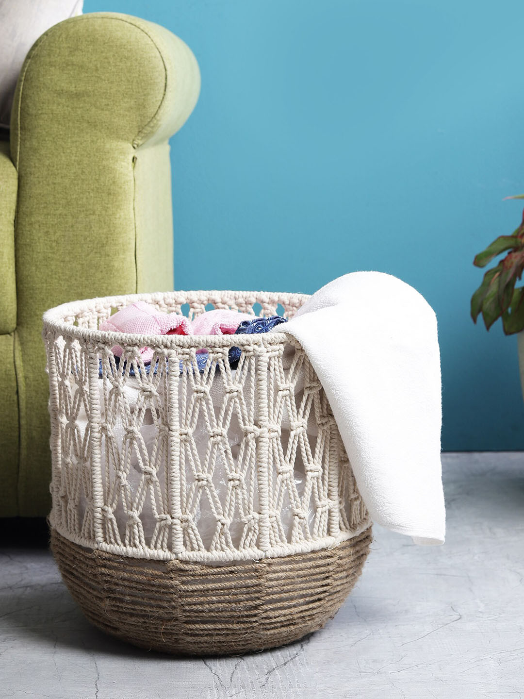 

The Decor Mart Off White Self Design Handmade Boho Look Multipurpose Basket