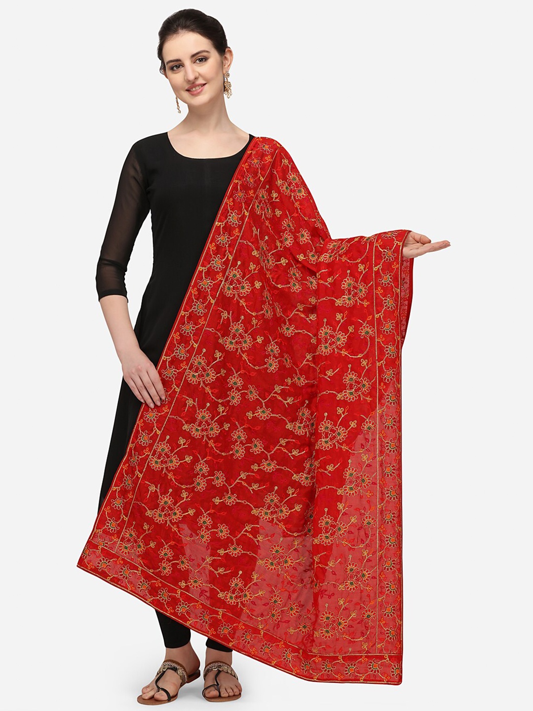 

VASTRANAND Red & Gold-Toned Ethnic Motifs Embroidered Dupatta with Thread Work