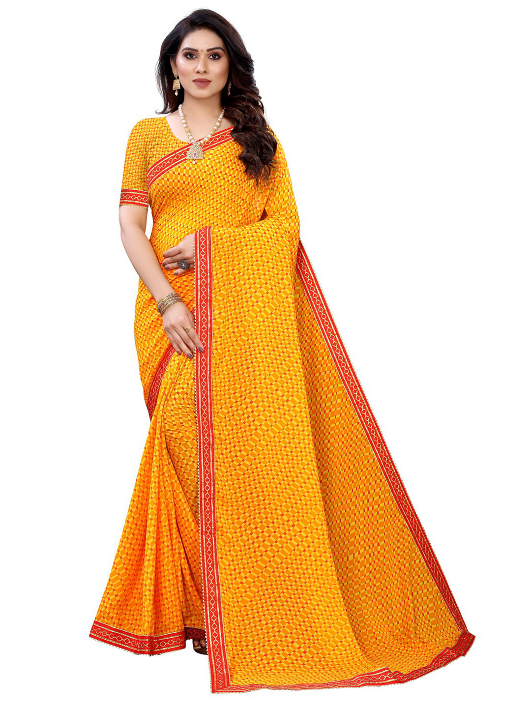 

KALINI Orange & Yellow Checked Pure Georgette Saree