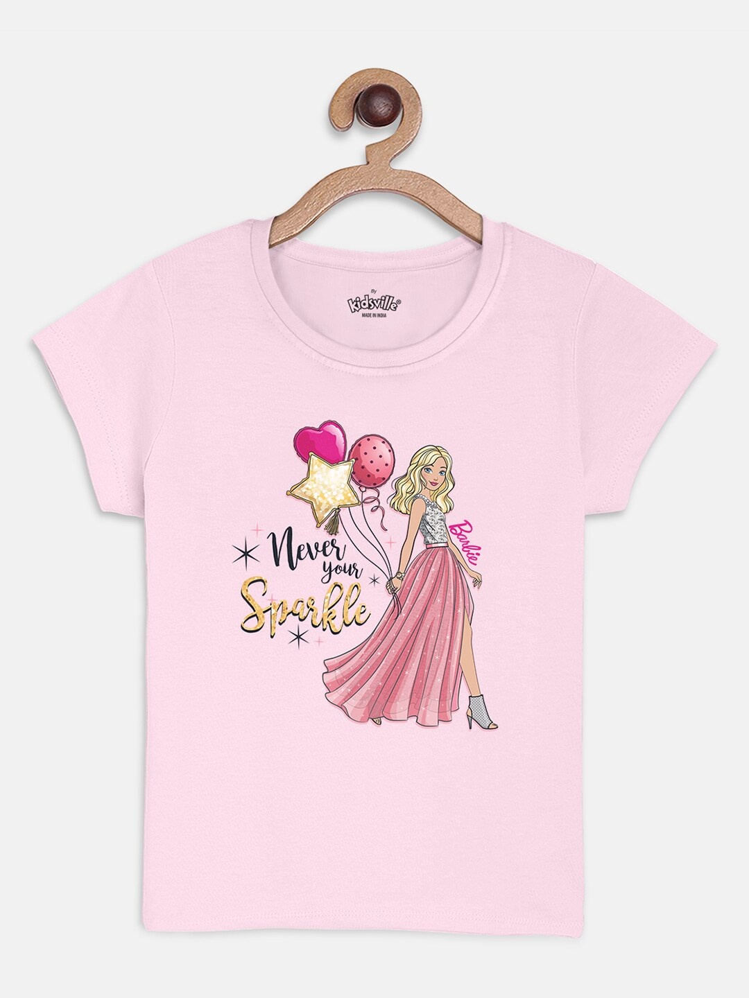 

Kids Ville Girls Pink Barbie Printed Cotton Pure Cotton T-shirt