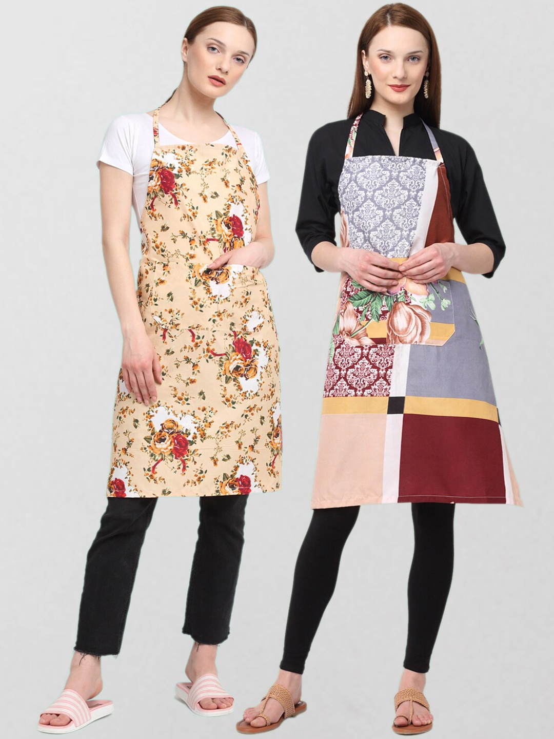 

KLOTTHE Unisex Pack Of 2 Printed 210 TC Cotton Aprons, Beige