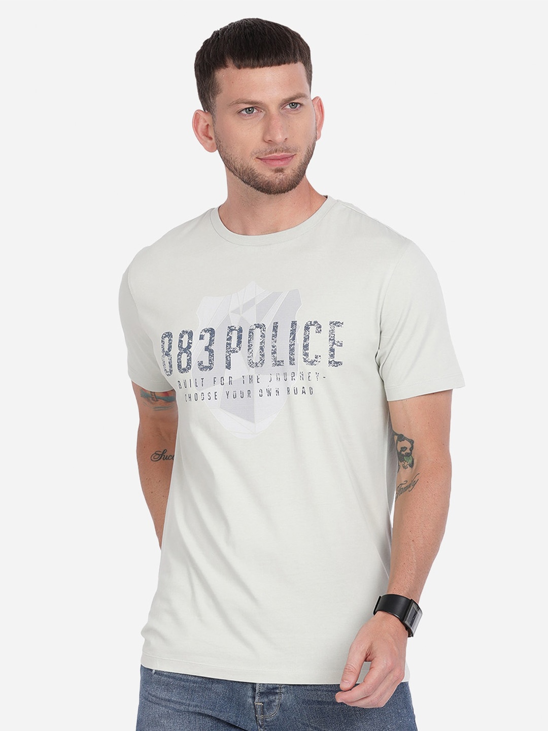 

883 Police Men Grey Typography Printed Applique T-shirt