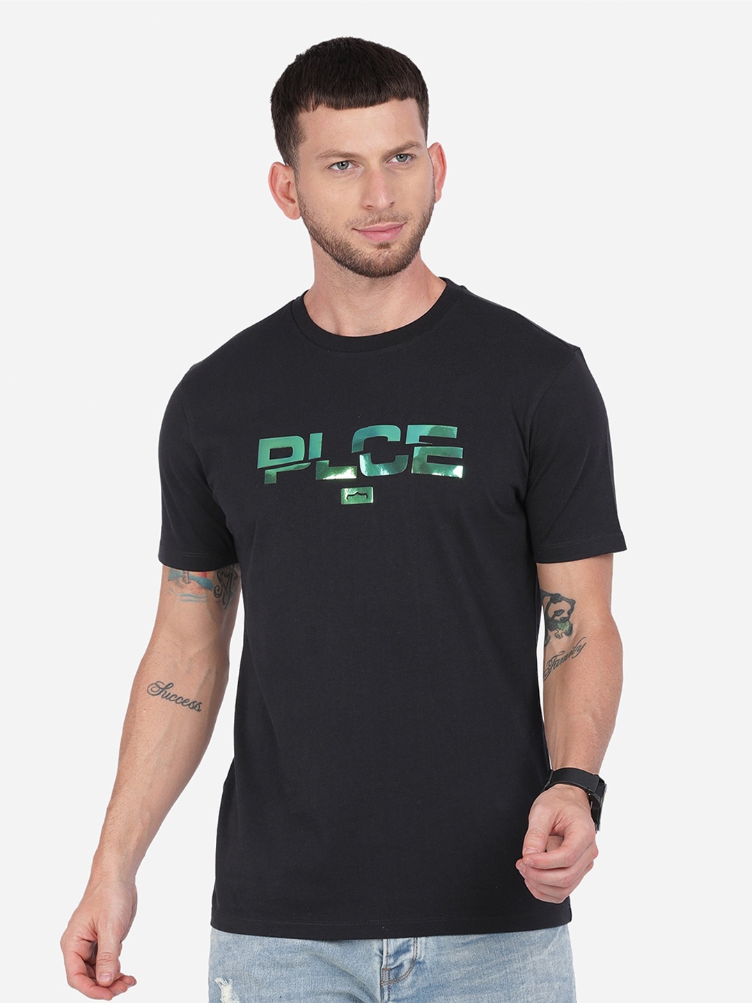 

883 Police Men Black Typography Printed Applique T-shirt