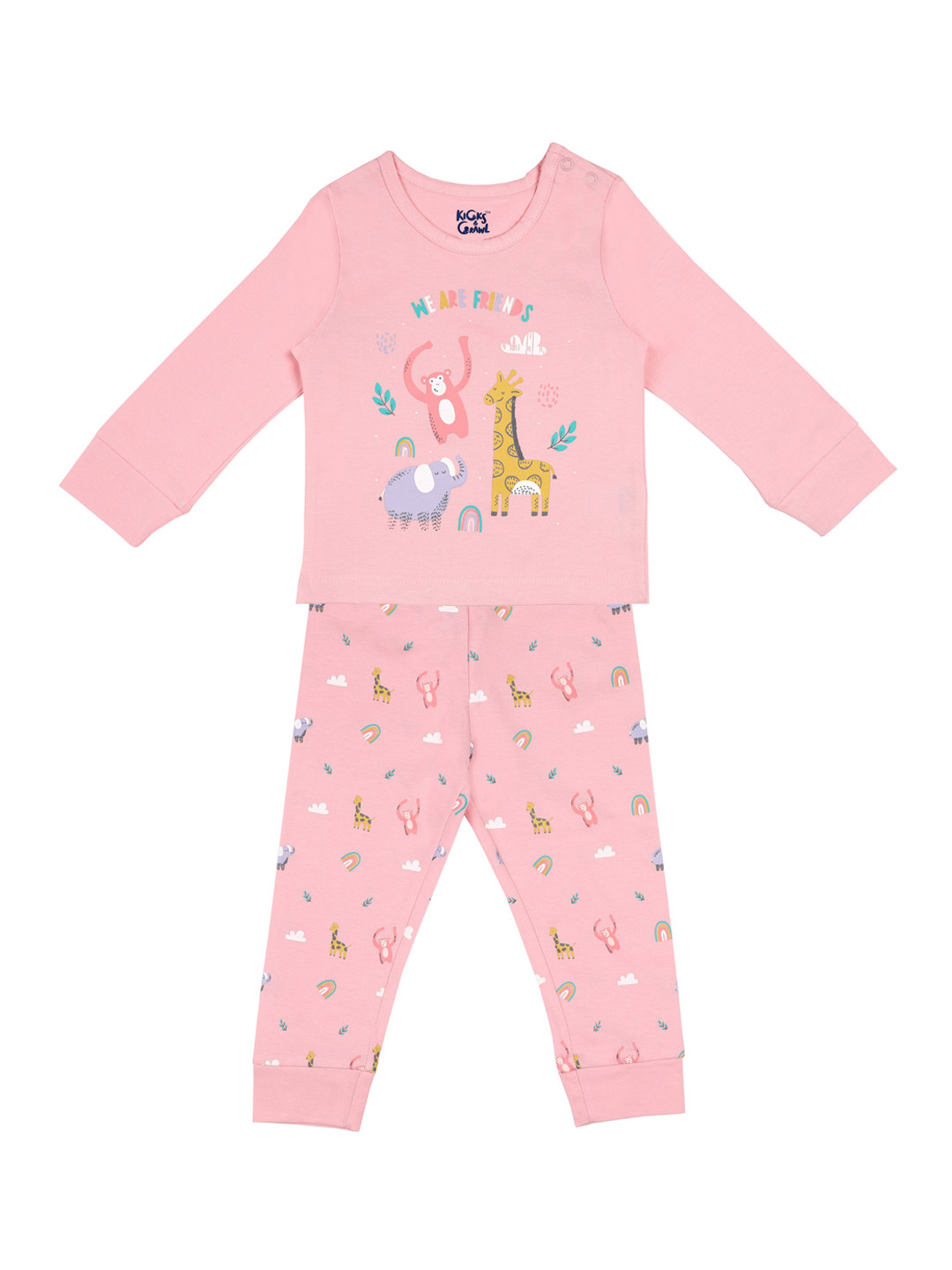 

KICKS & CRAWL Girls Pink & Yellow Animal Printed Night suit